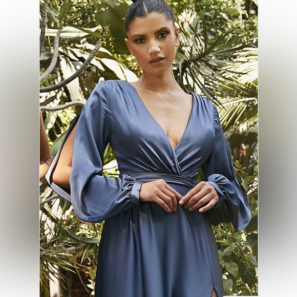 Ladivine By Cinderella Divine Formal Dress Long Sleeve Satin Smoky Blue Size 24 - Picture 3 of 8